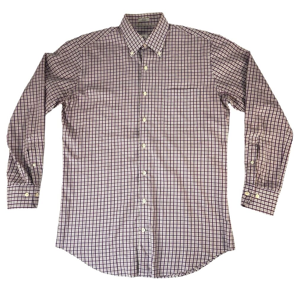 Peter Millar Shirt Mens Medium Button Cotton White Tan Purple Tattersall Check